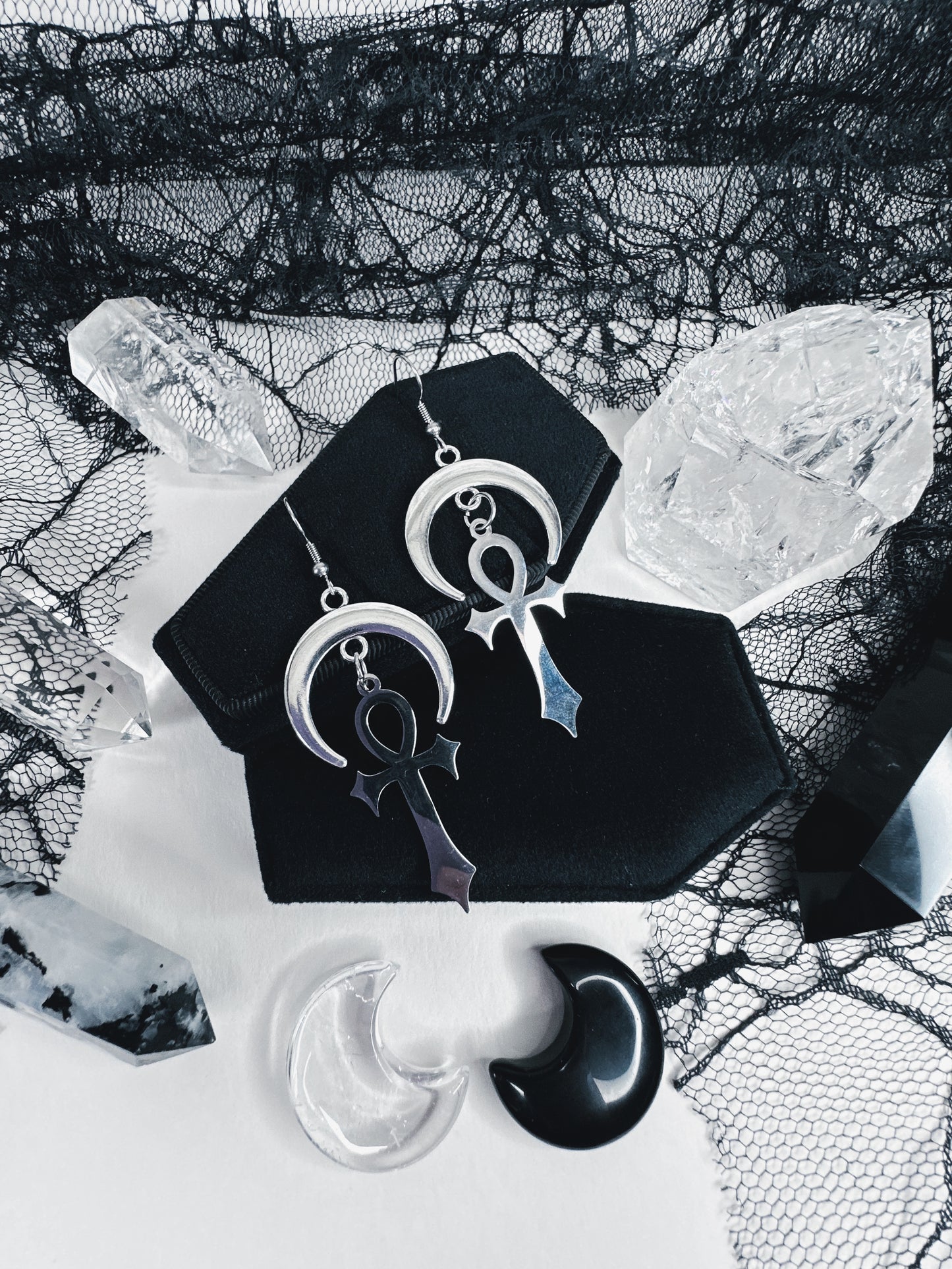 Stainless Steel Moonlit Ankh Earrings
