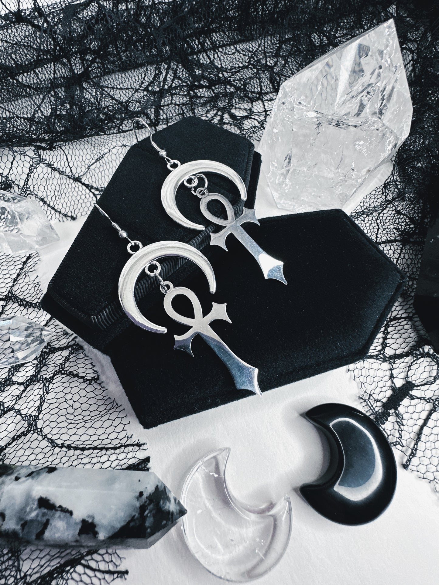 Stainless Steel Moonlit Ankh Earrings