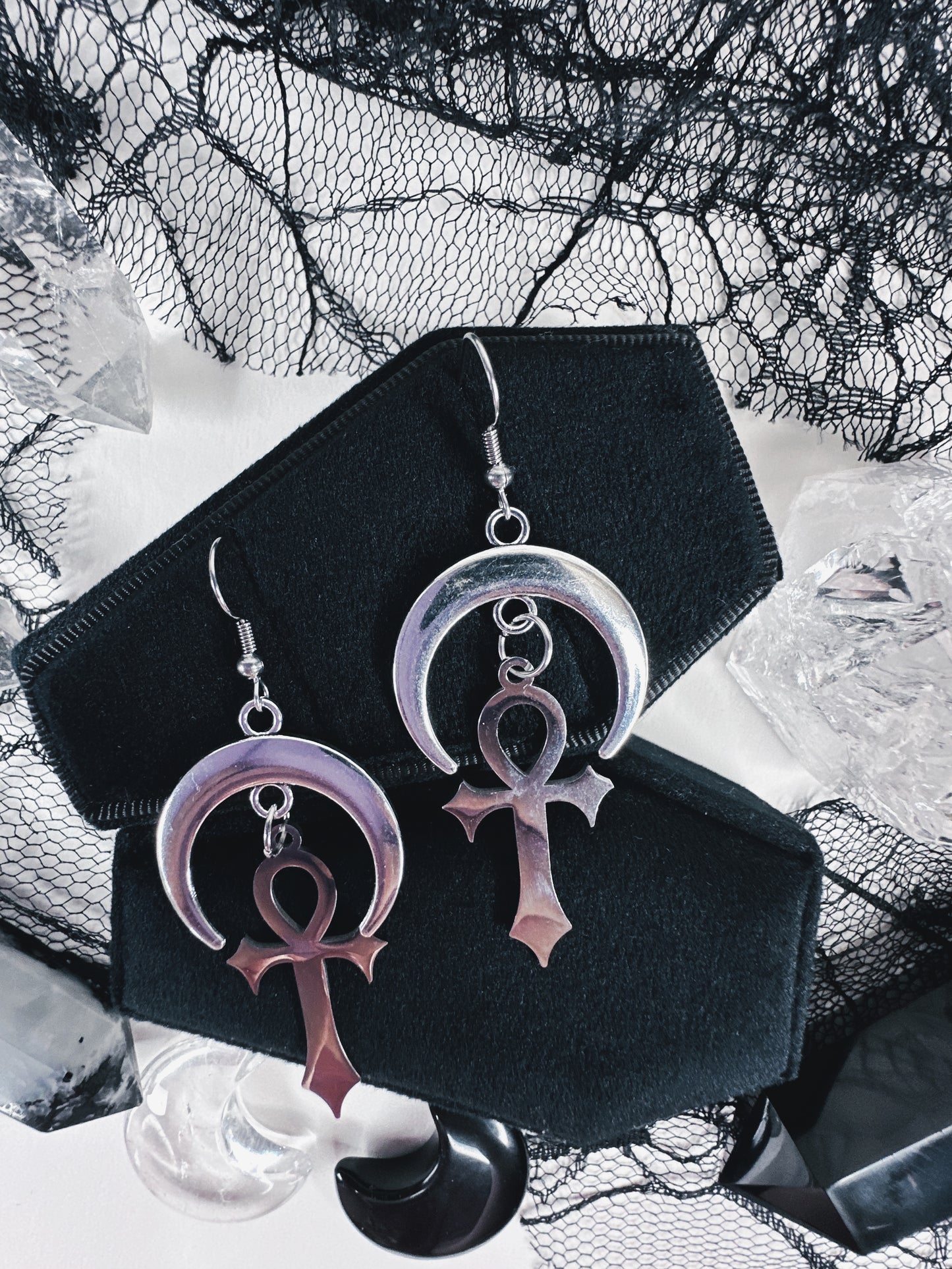 Stainless Steel Moonlit Ankh Earrings
