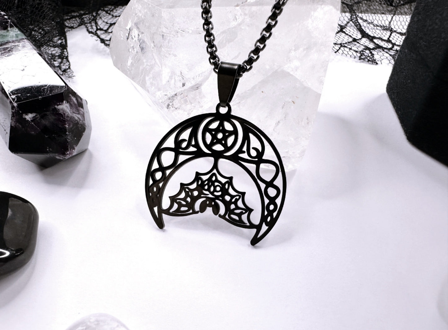 Stainless Steel Noir Bat Moon Necklace