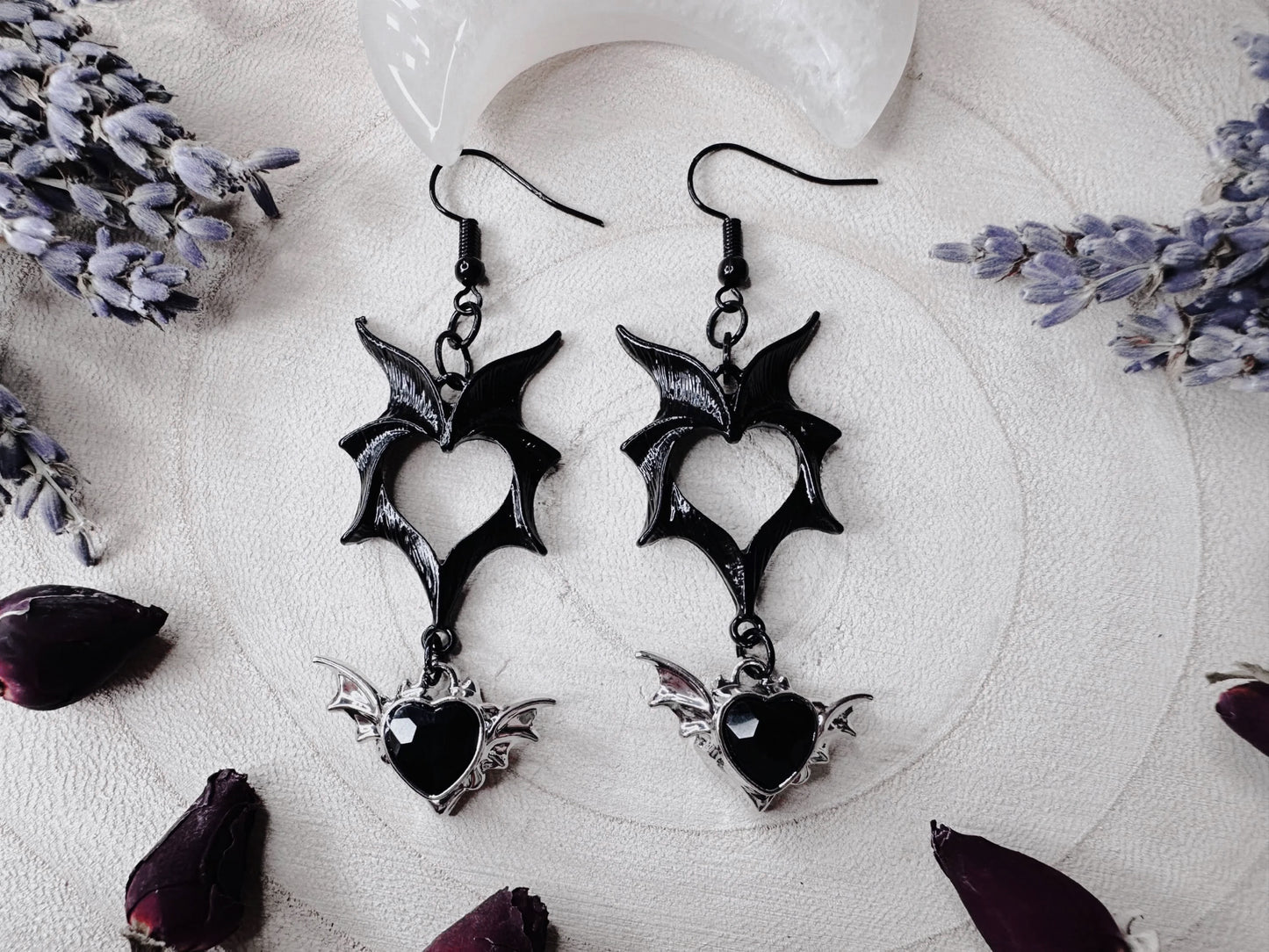 Black Heart Bat Wing Earrings