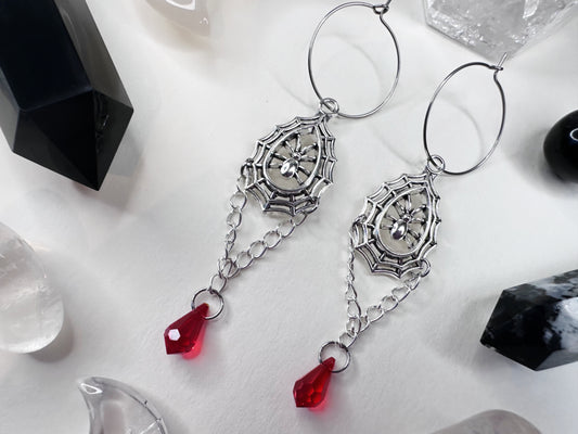 Spider Web Blood Droplet Hoop Earrings