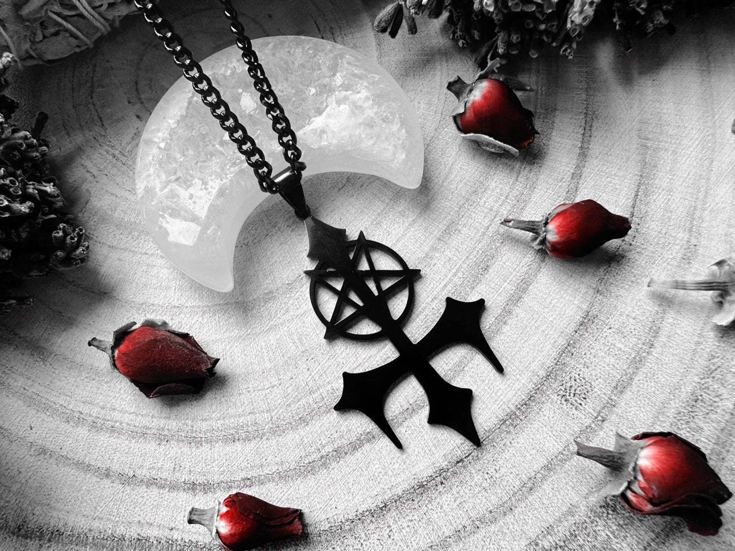Stainless Steel Black Inverted Cross & Pentagram Necklace