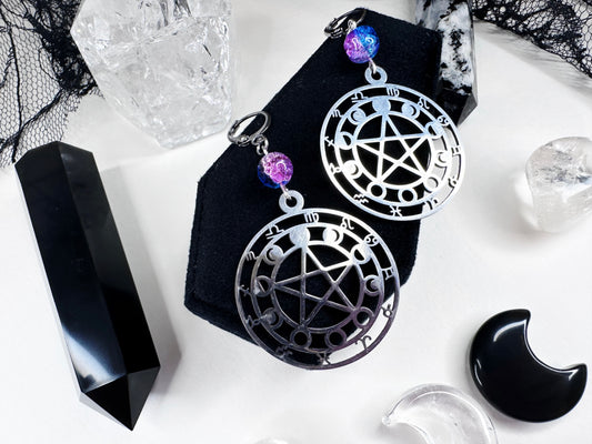 Pentagram Zodiac Wheel Hoop Earrings