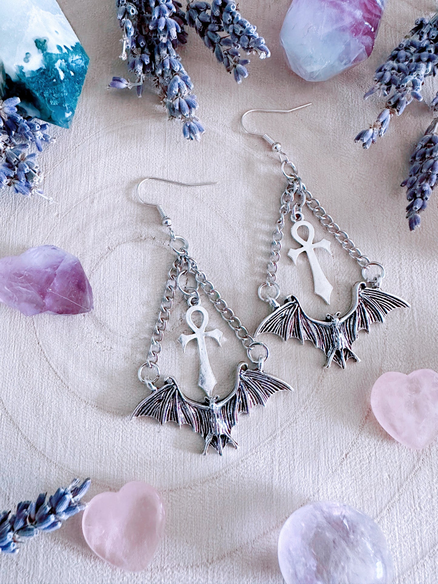 Eternal Flight Bat & Ankh Earrings