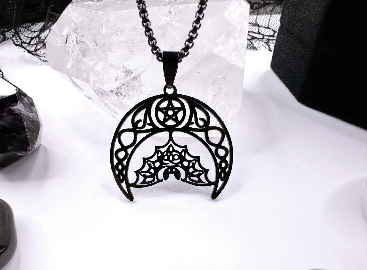 Stainless Steel Noir Bat Moon Necklace