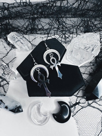 Stainless Steel Moonlit Ankh Earrings