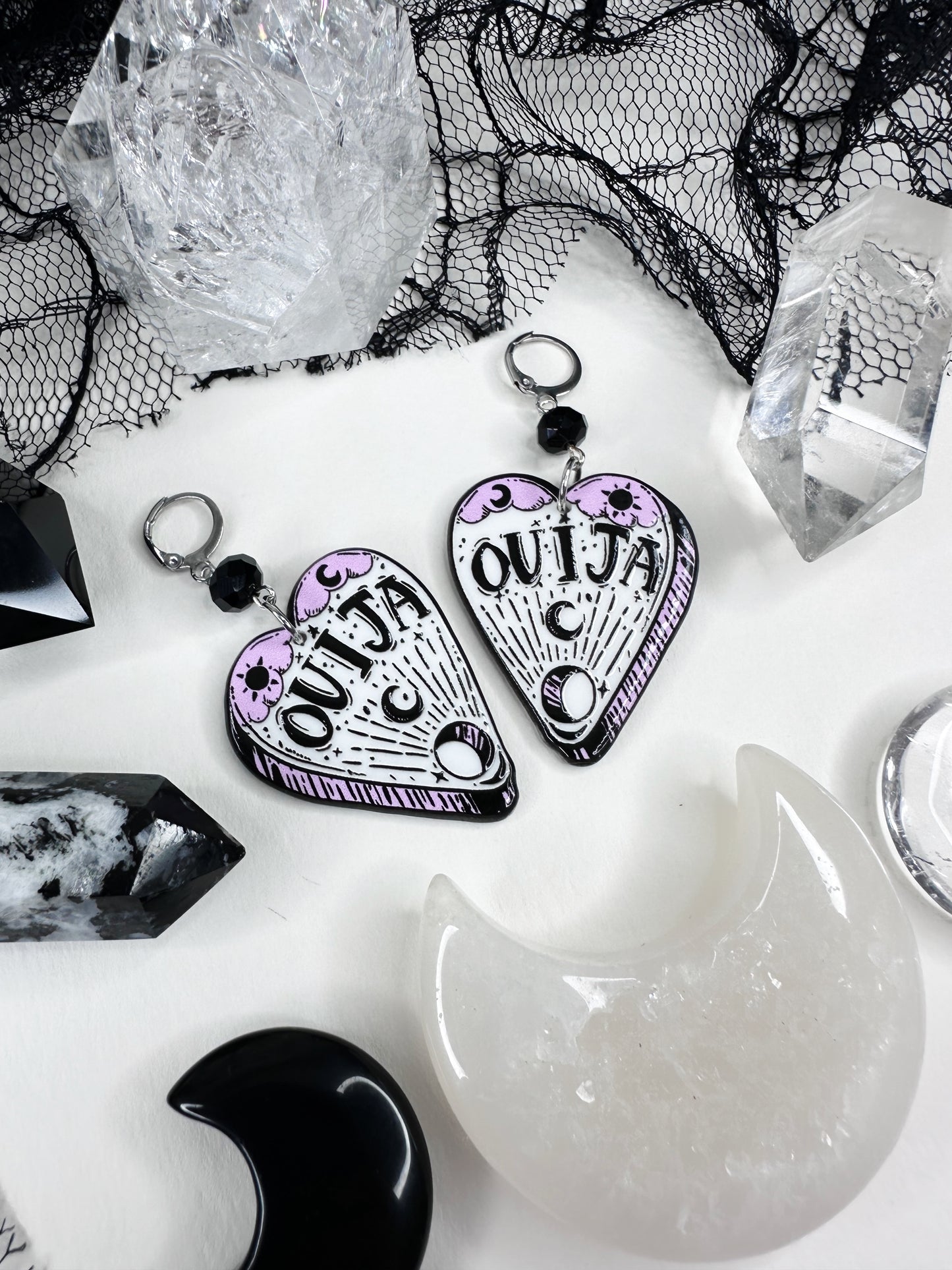 White Witch Ouija Planchette Hoop Earrings