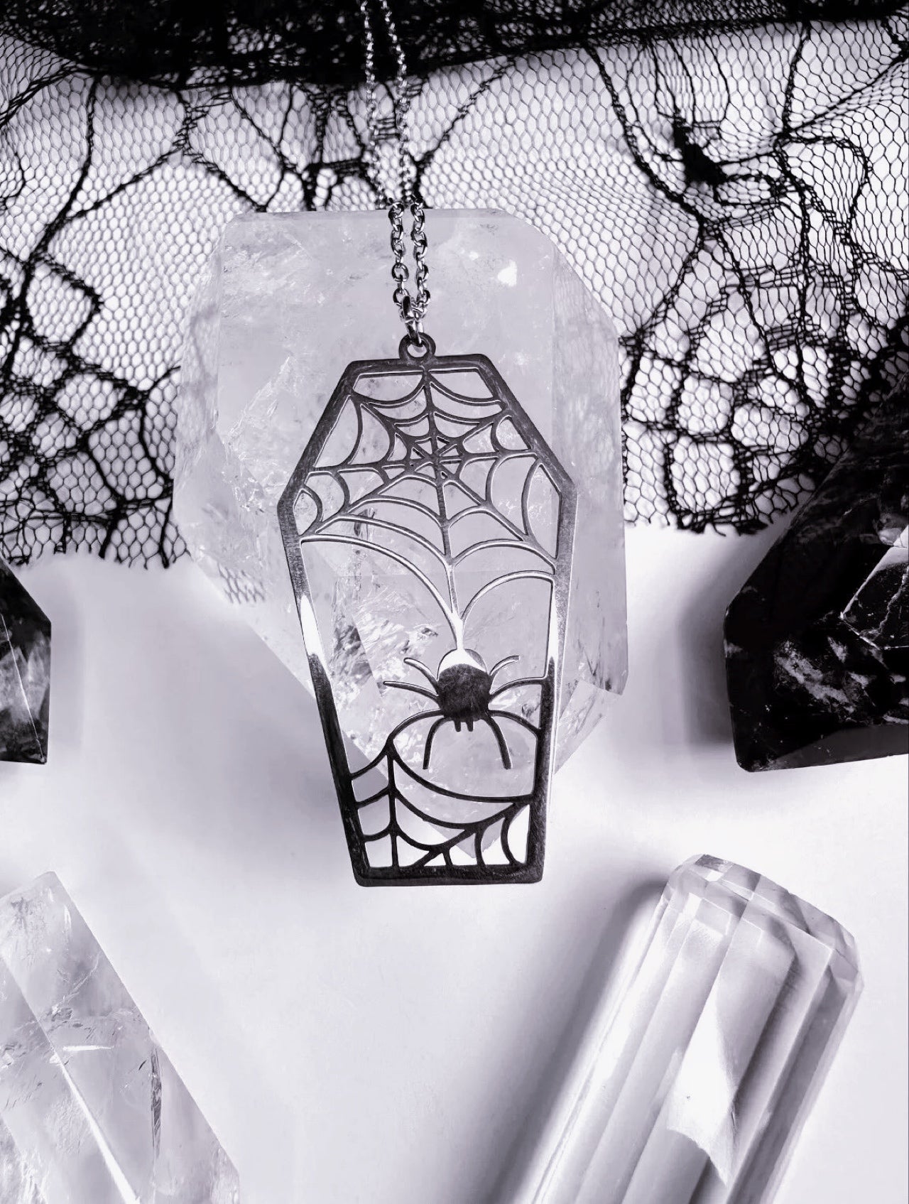 Stainless Steel Spider Web Coffin Necklace