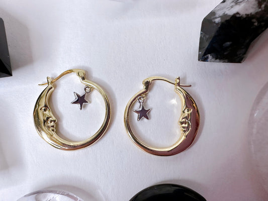 Gold Crescent Moon & Stars Hoop Earrings