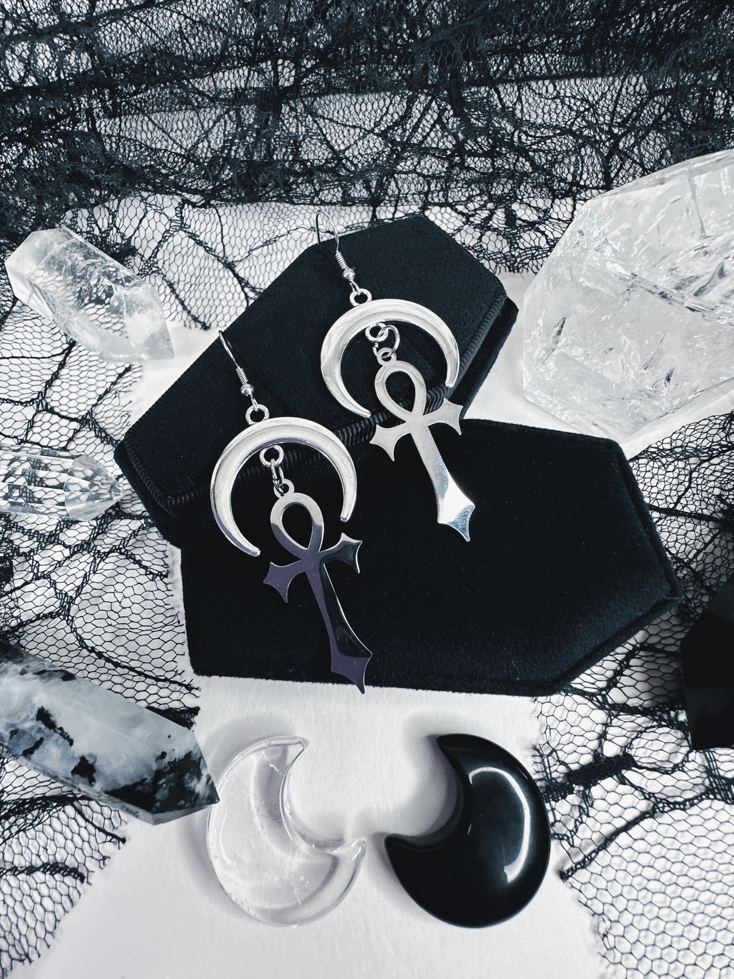 Stainless Steel Moonlit Ankh Earrings