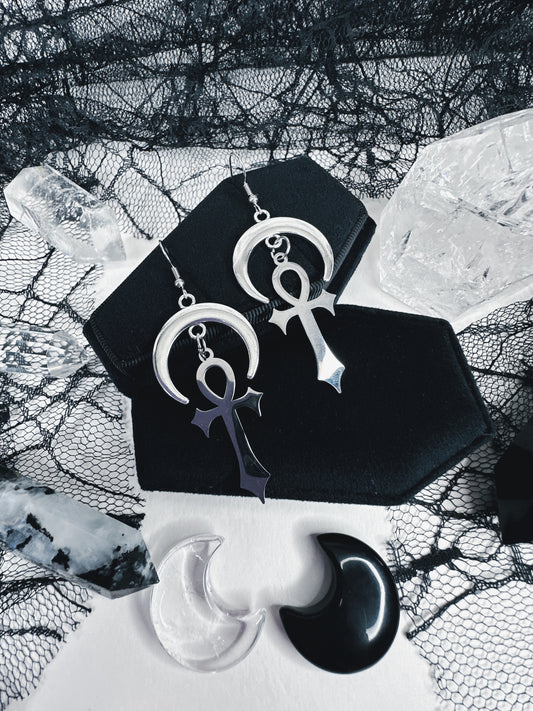 Stainless Steel Moonlit Ankh Earrings