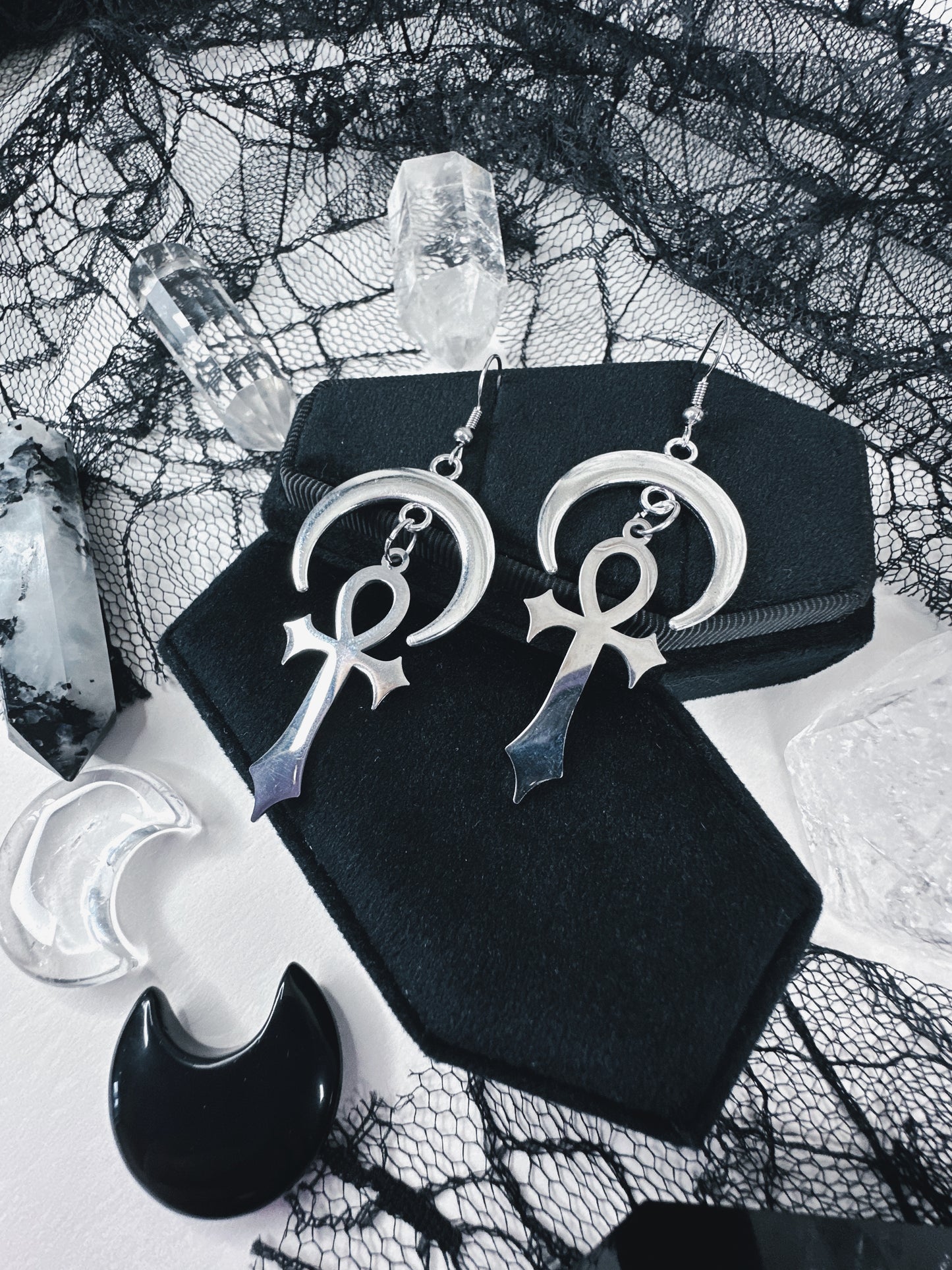 Stainless Steel Moonlit Ankh Earrings