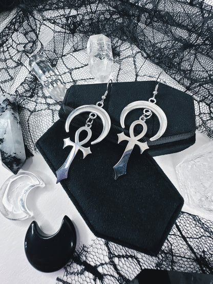Stainless Steel Moonlit Ankh Earrings