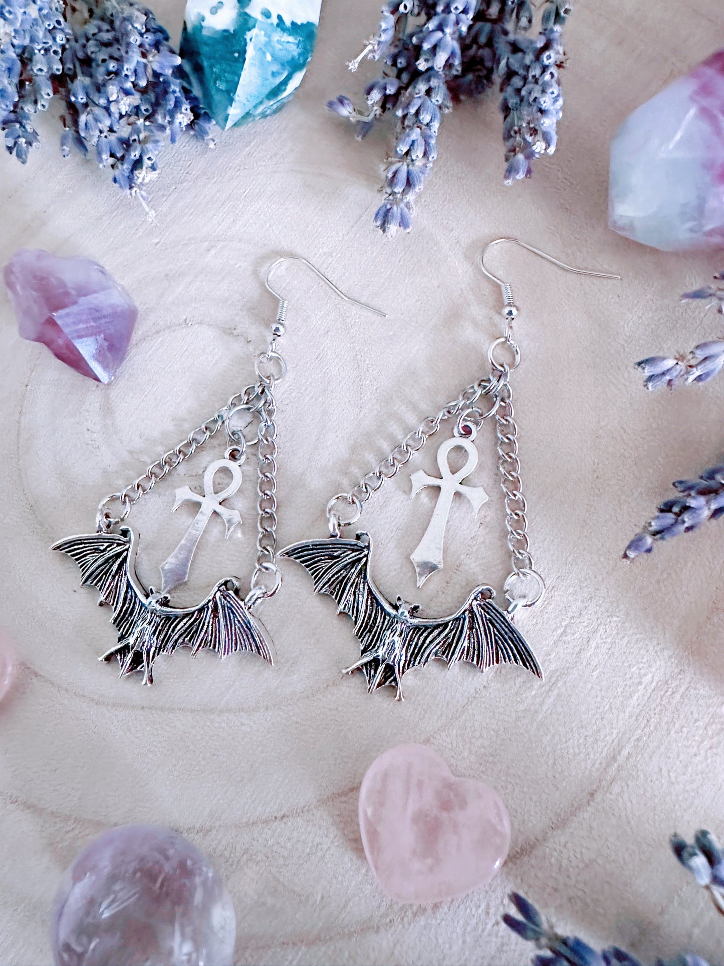 Eternal Flight Bat & Ankh Earrings