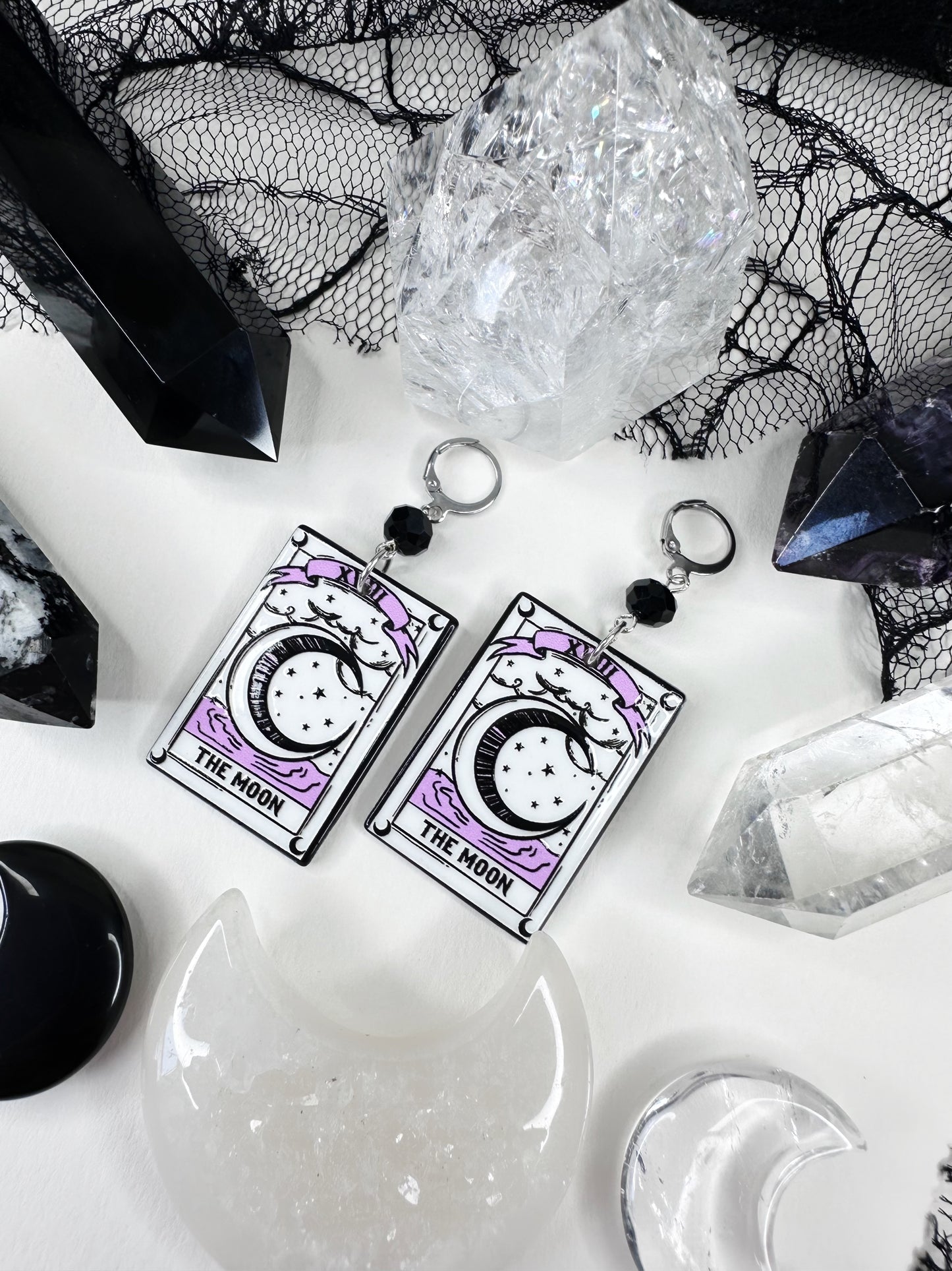 White Witch The Moon Tarot Card Hoop Earrings