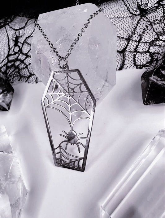 Stainless Steel Spider Web Coffin Necklace