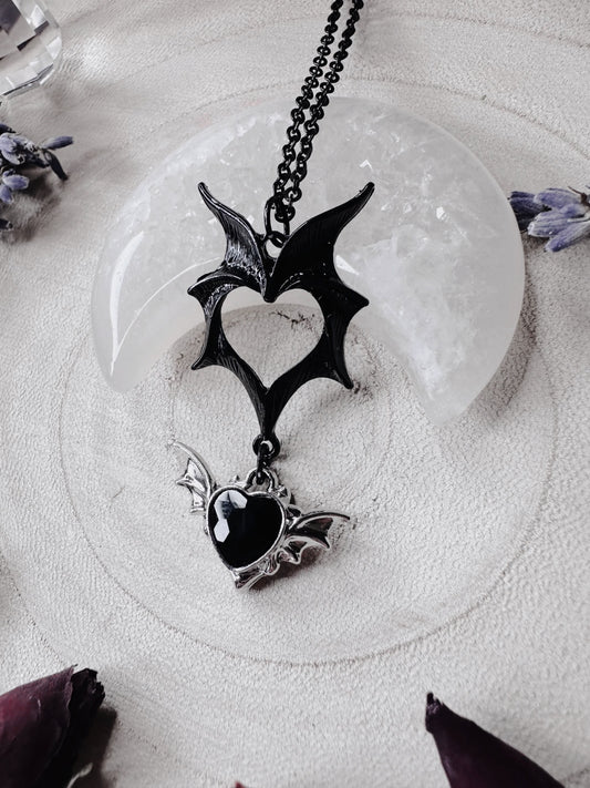 Black Heart Bat Wing Necklace
