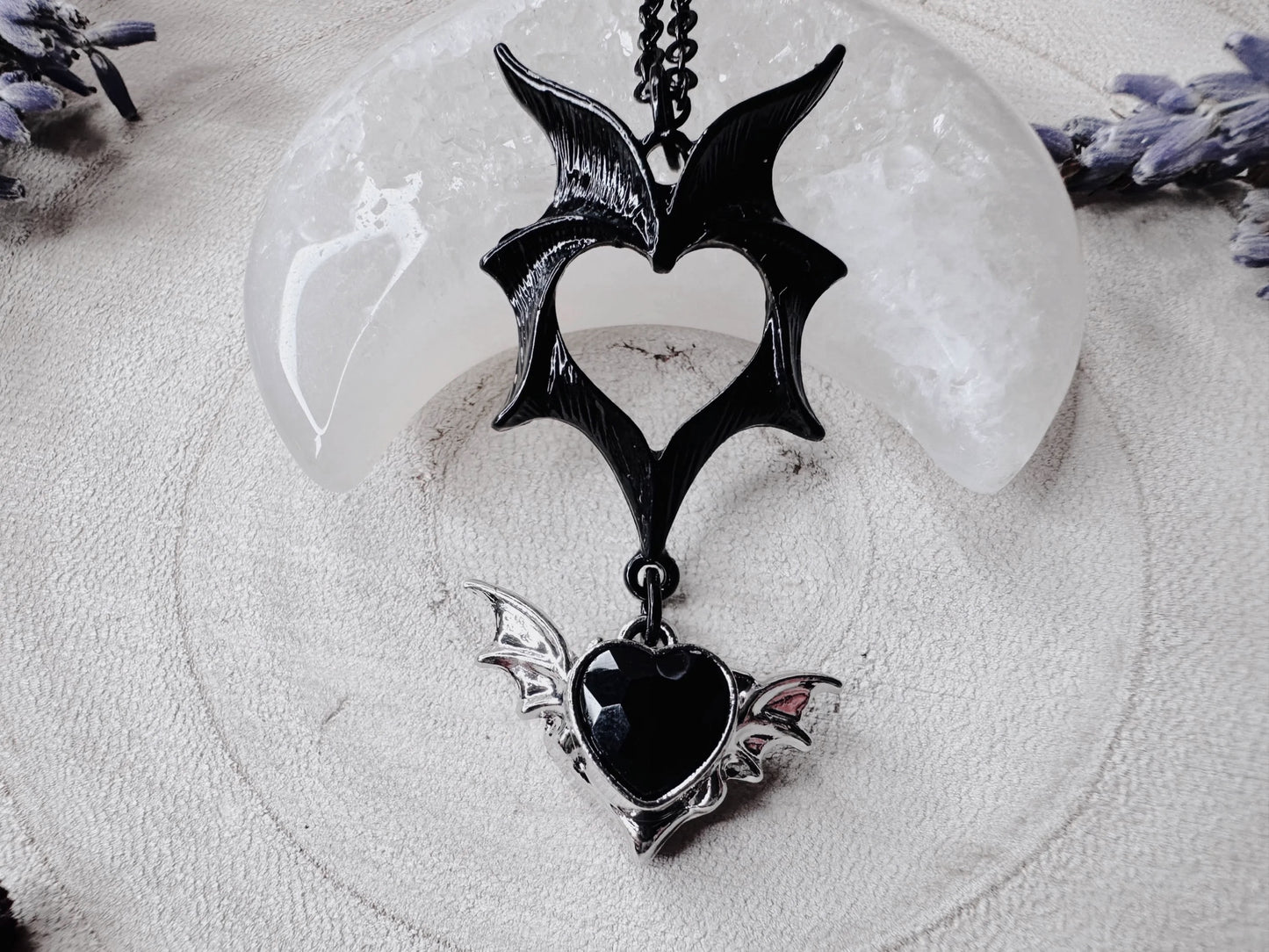 Black Heart Bat Wing Necklace