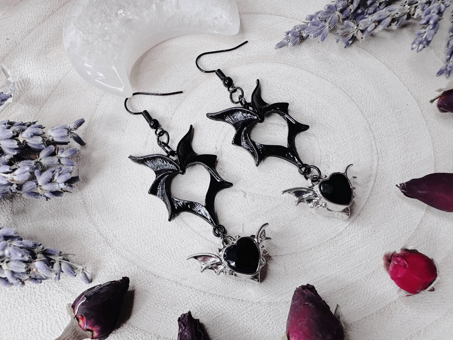 Black Heart Bat Wing Earrings