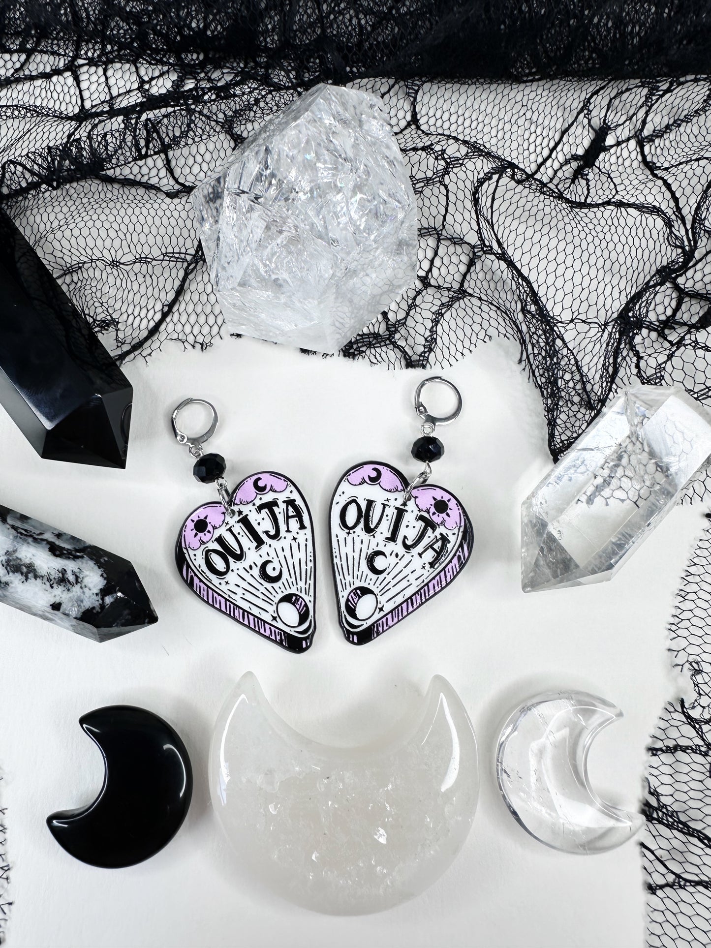White Witch Ouija Planchette Hoop Earrings