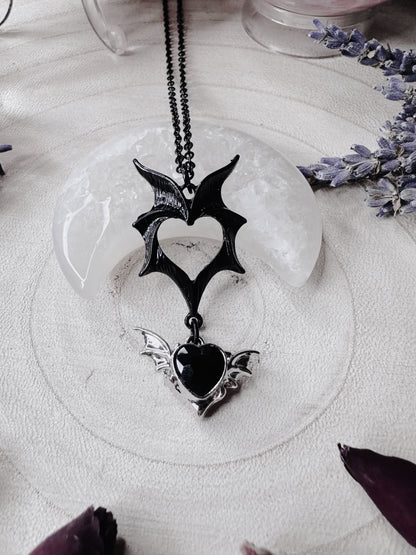 Black Heart Bat Wing Necklace