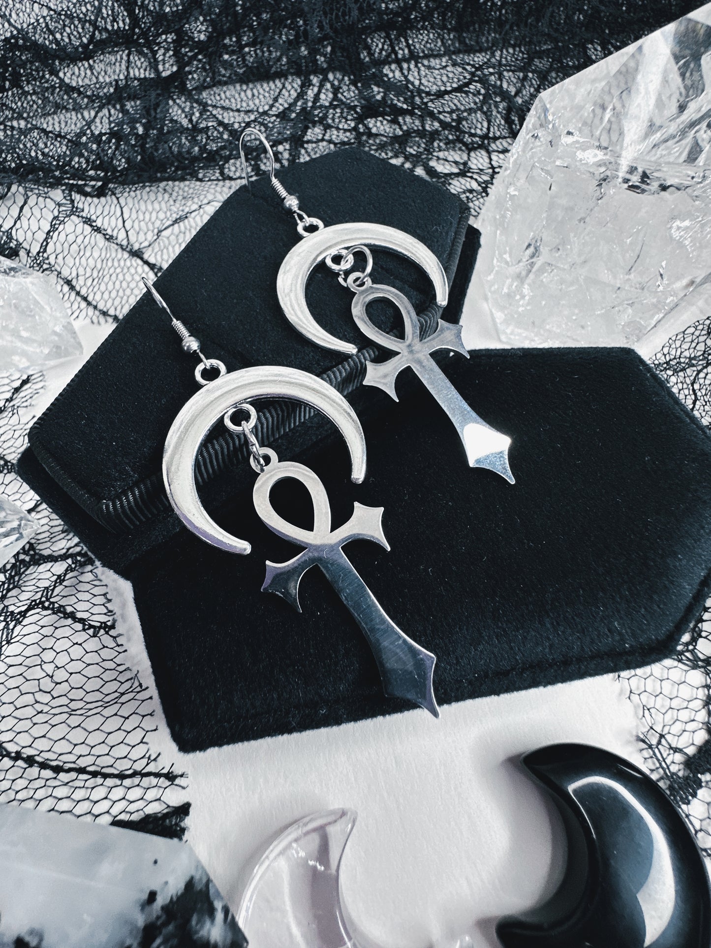 Stainless Steel Moonlit Ankh Earrings