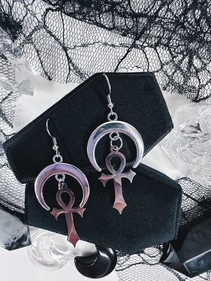 Stainless Steel Moonlit Ankh Earrings