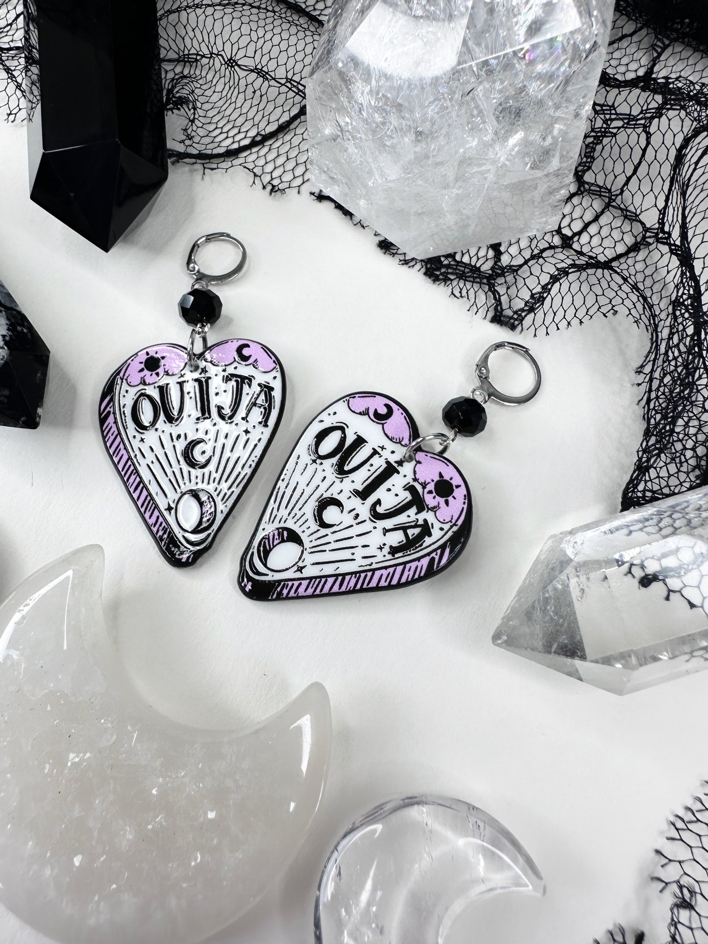 White Witch Ouija Planchette Hoop Earrings
