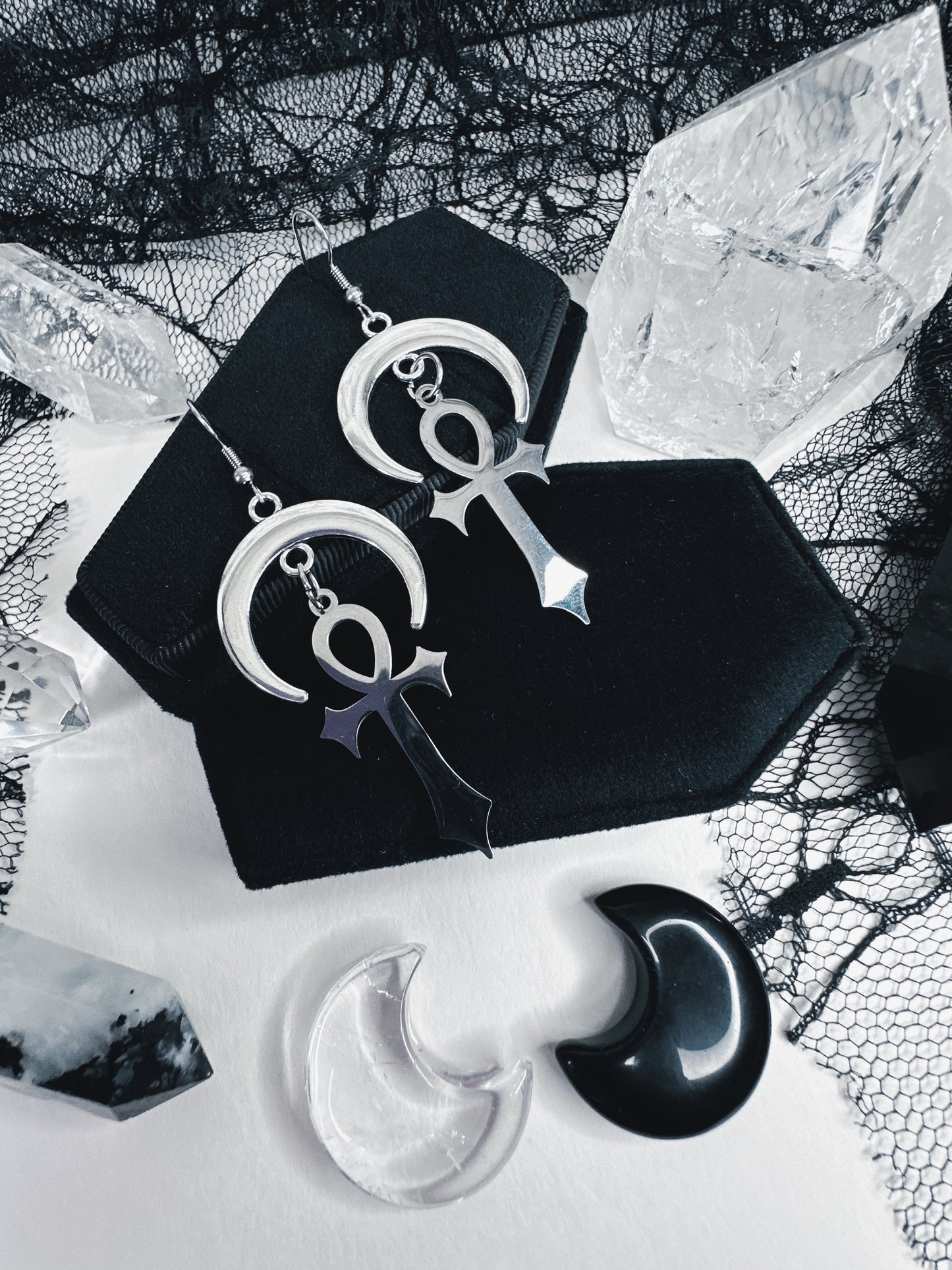 Stainless Steel Moonlit Ankh Earrings