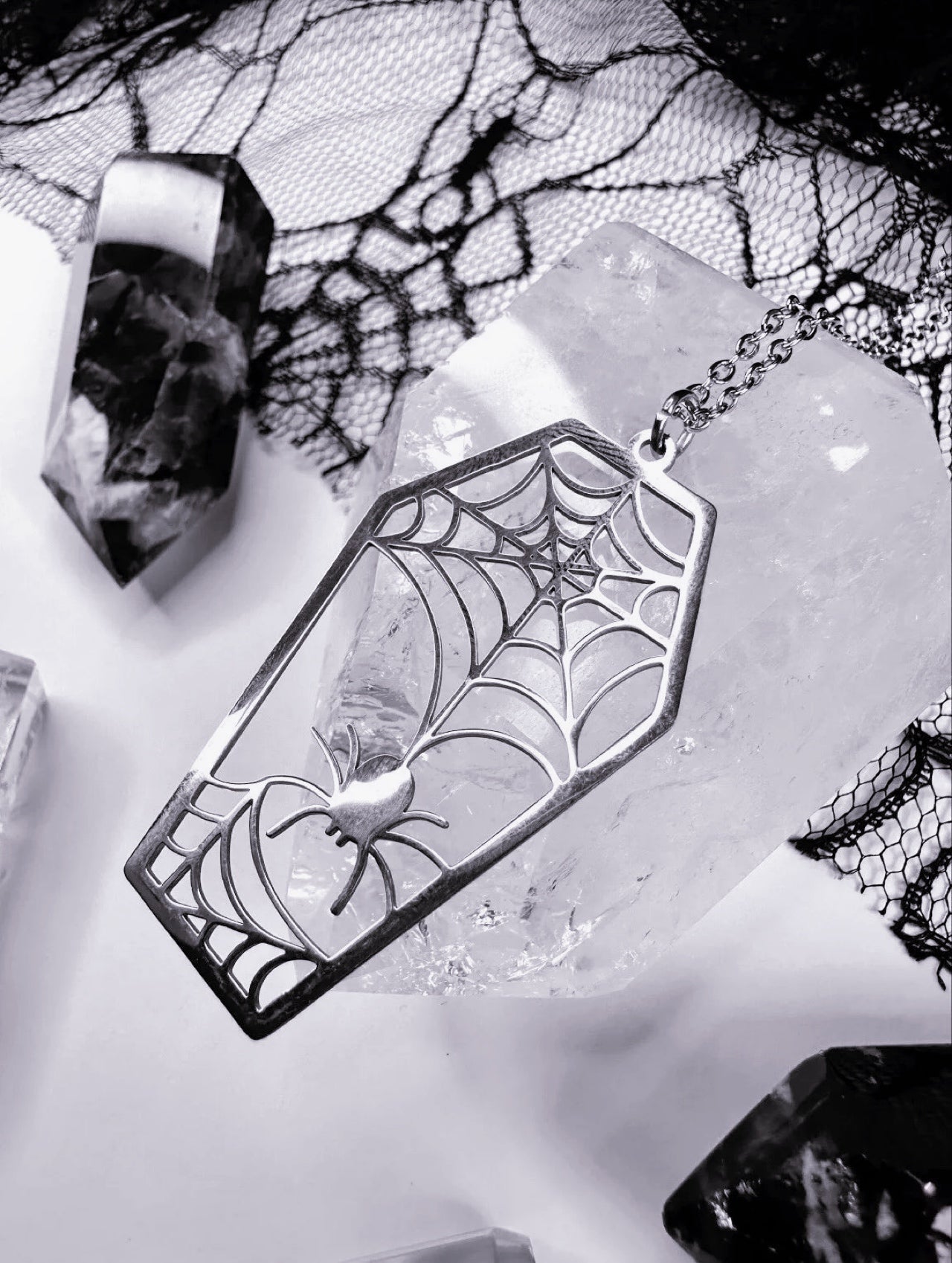 Stainless Steel Spider Web Coffin Necklace