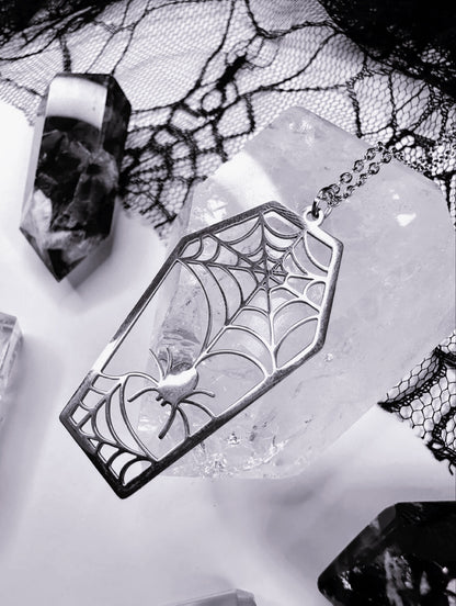Stainless Steel Spider Web Coffin Necklace