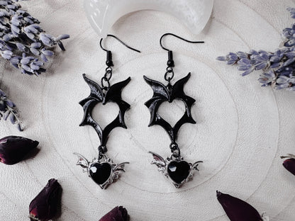 Black Heart Bat Wing Earrings