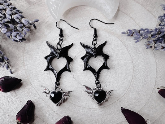 Black Heart Bat Wing Earrings