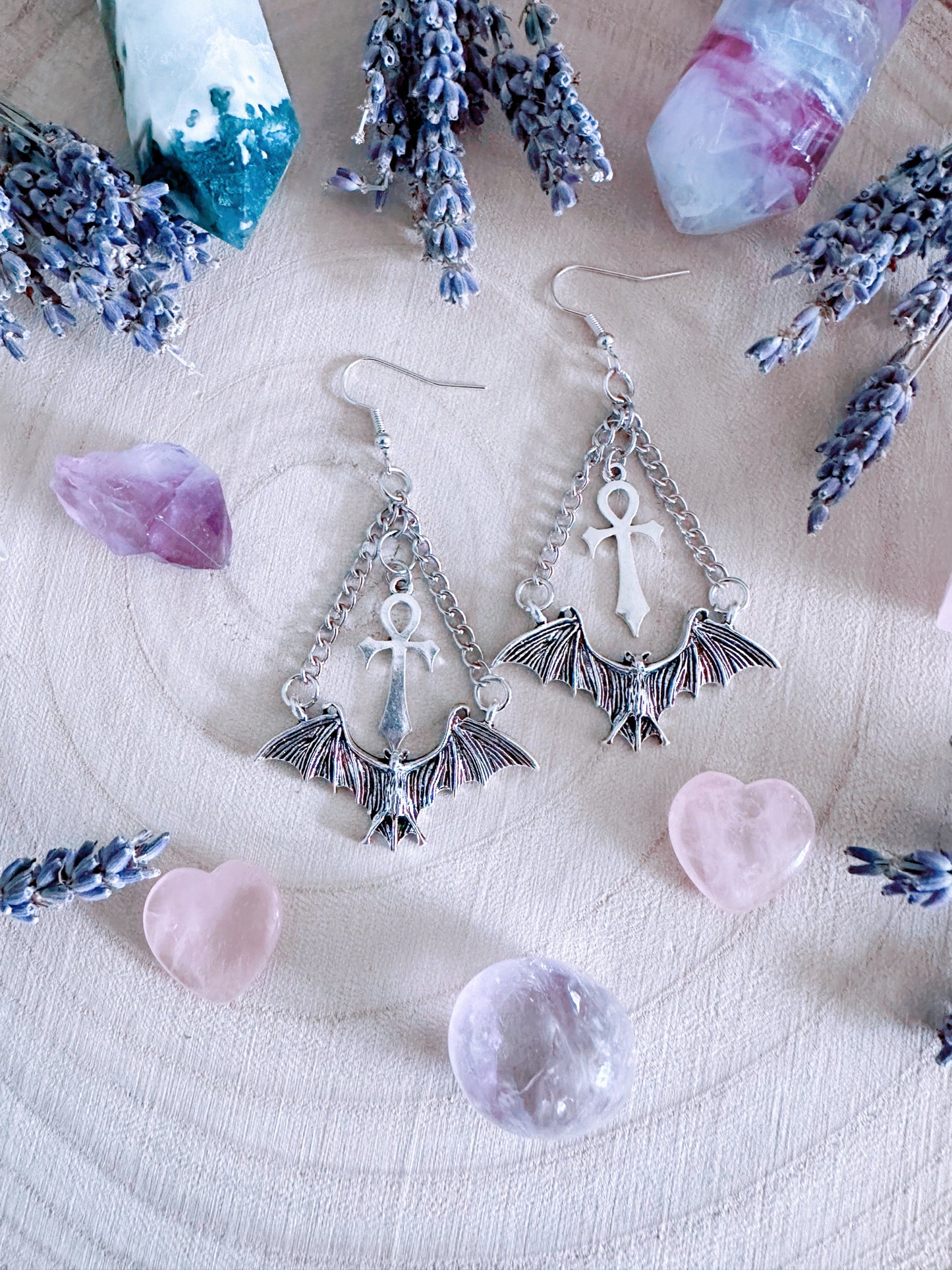 Eternal Flight Bat & Ankh Earrings