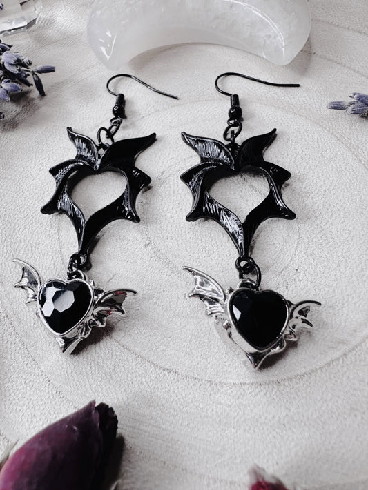 Black Heart Bat Wing Earrings