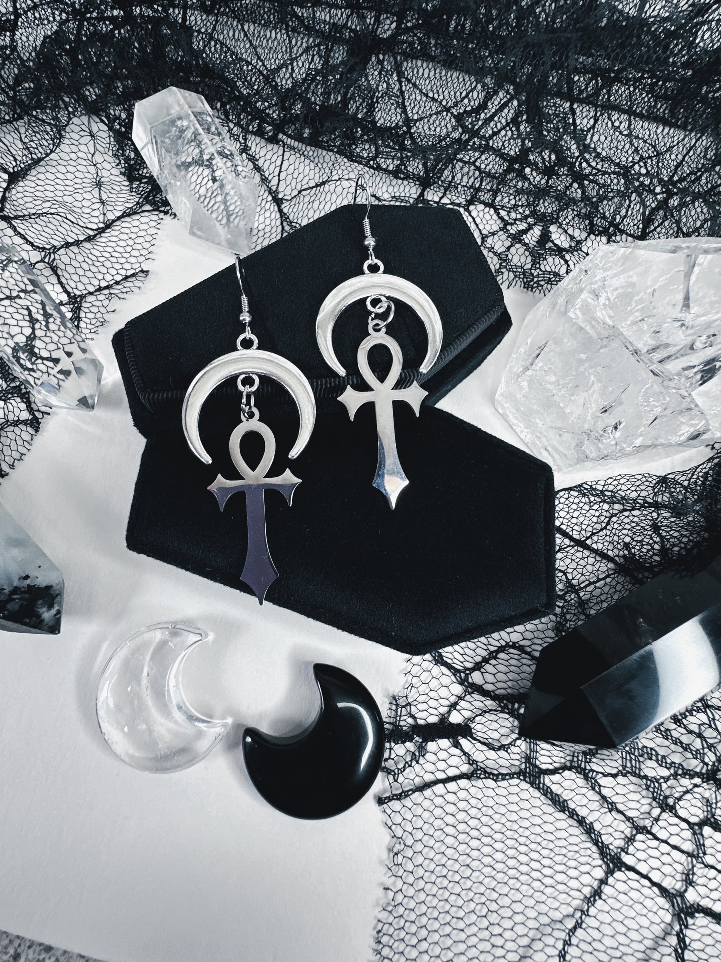 Stainless Steel Moonlit Ankh Earrings