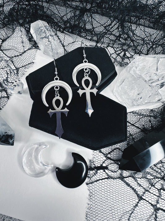 Stainless Steel Moonlit Ankh Earrings
