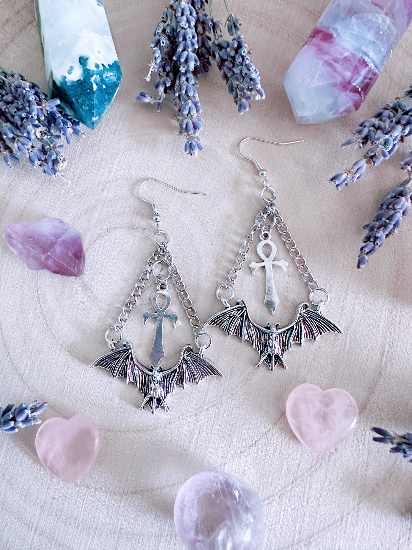 Eternal Flight Bat & Ankh Earrings