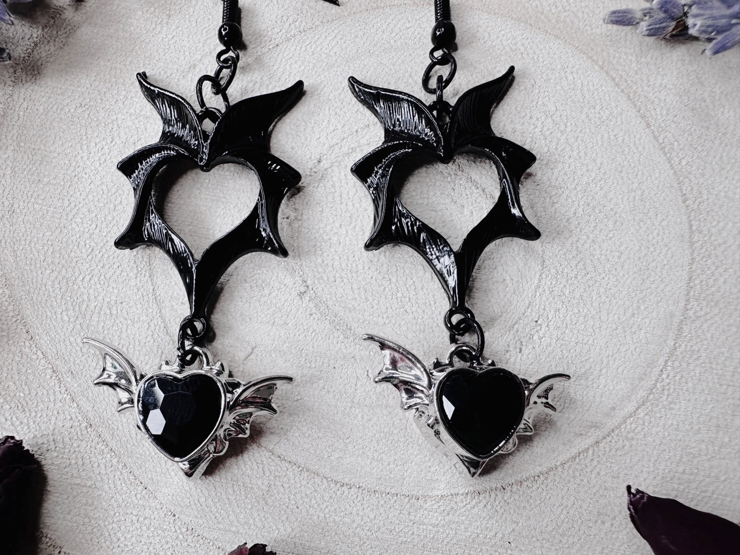 Black Heart Bat Wing Earrings