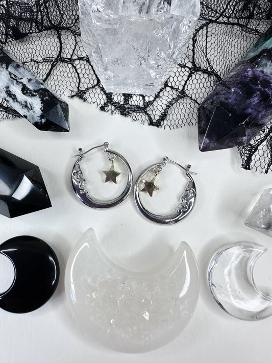 Gothic Crescent Moon & Stars Hoop Earrings