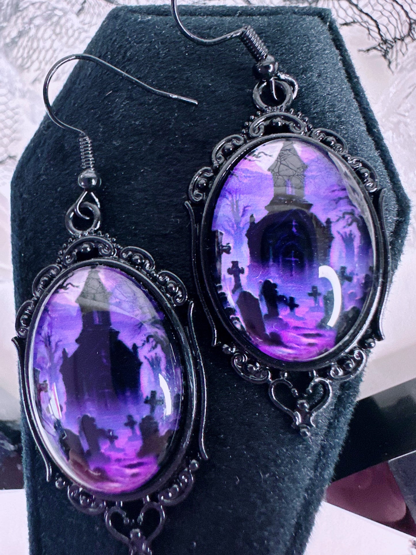 Purple Graveyard Cameo Earrings