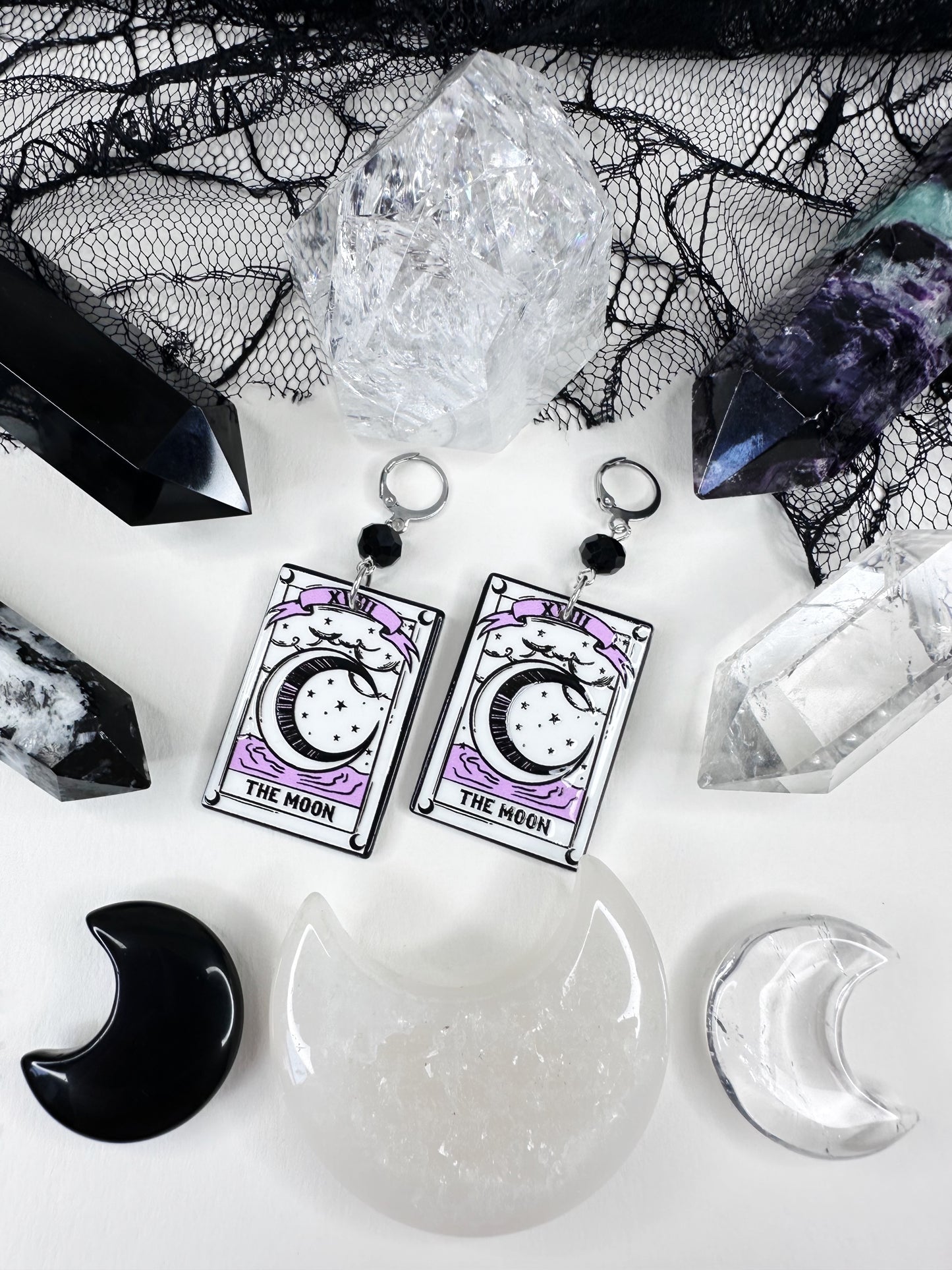White Witch The Moon Tarot Card Hoop Earrings