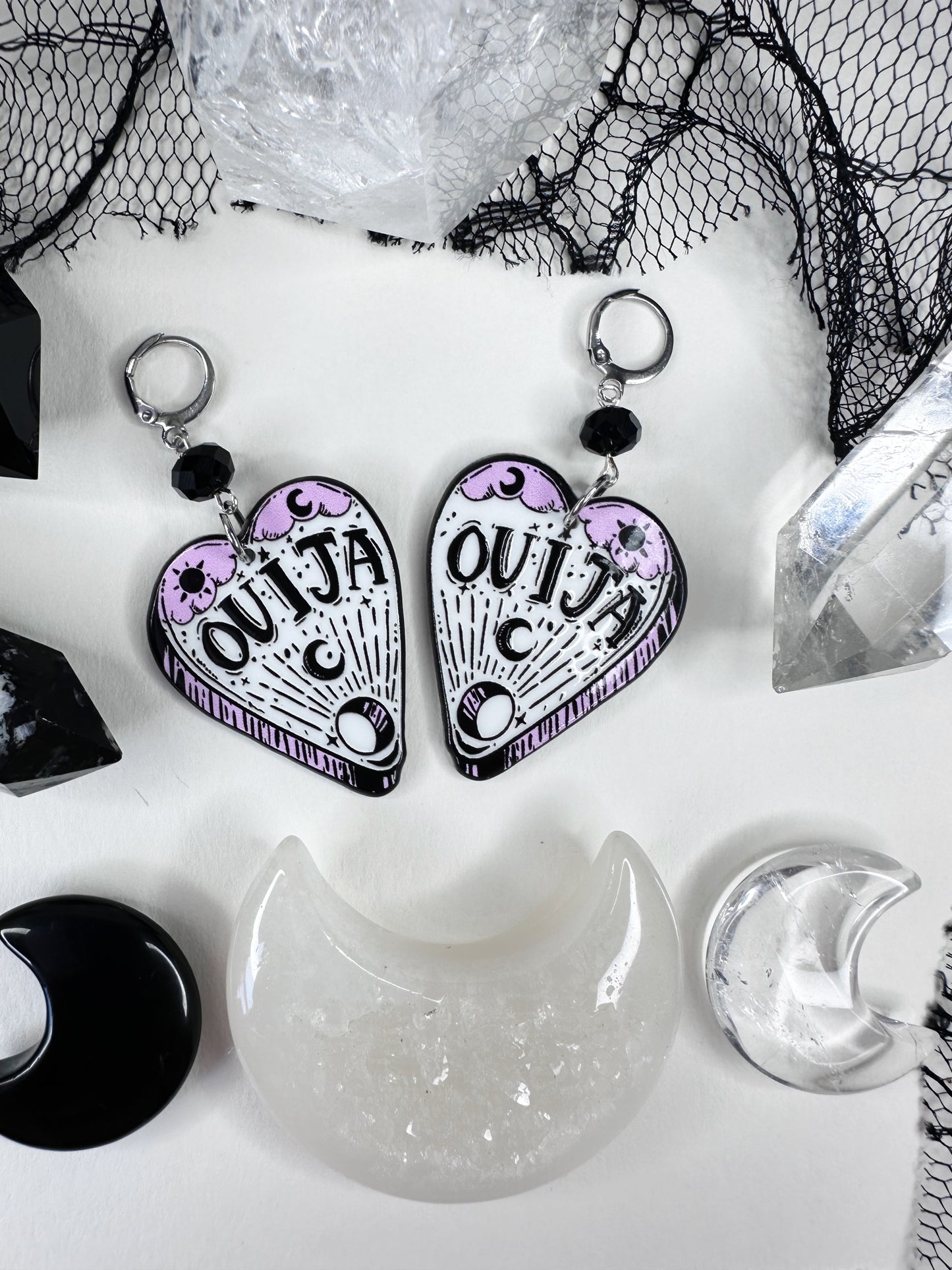 White Witch Ouija Planchette Hoop Earrings