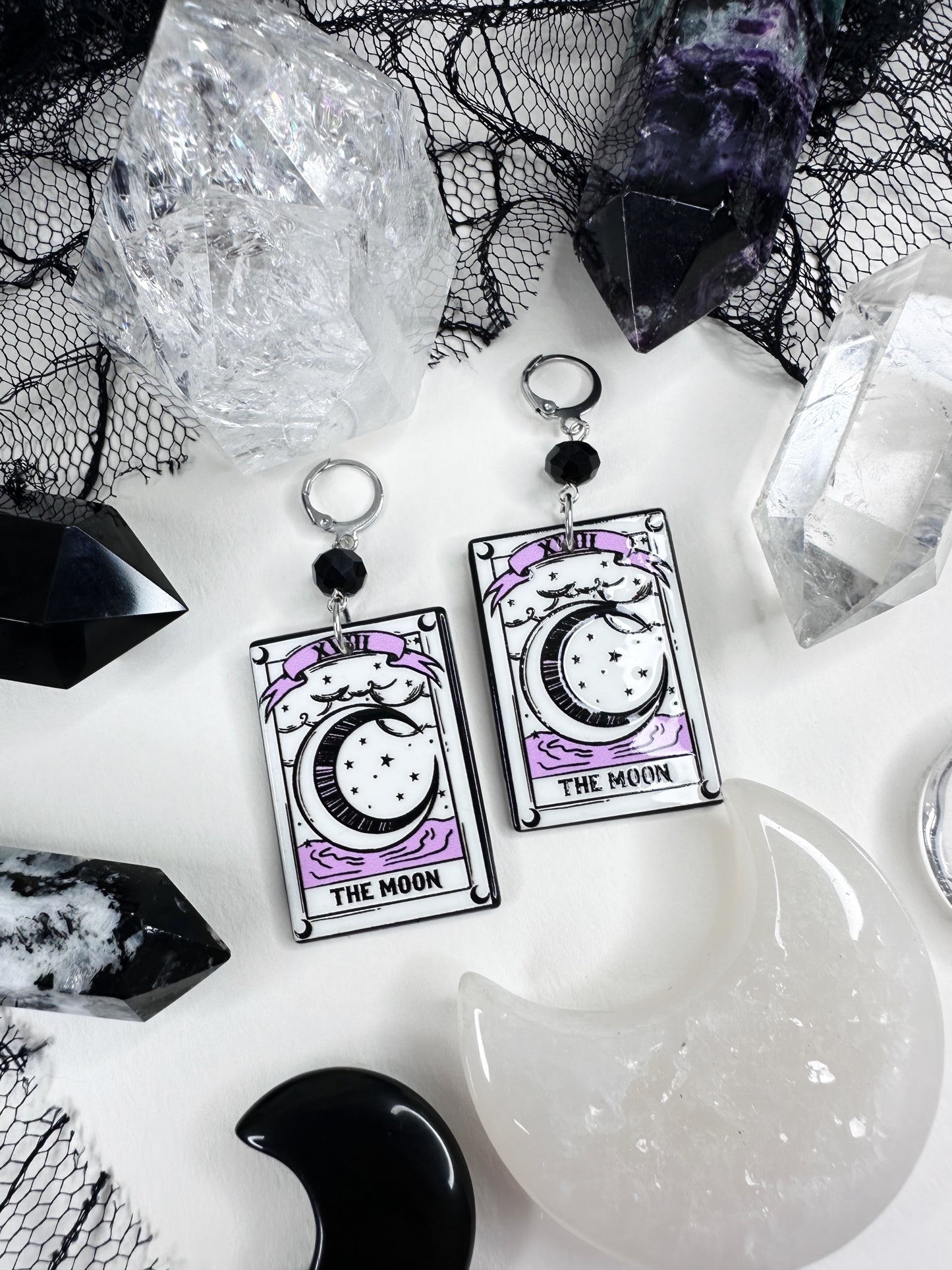 White Witch The Moon Tarot Card Hoop Earrings