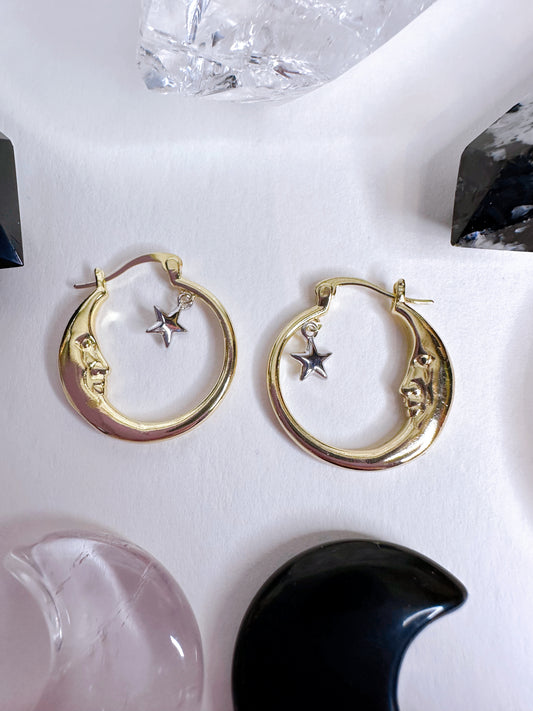 Gold Crescent Moon & Stars Hoop Earrings