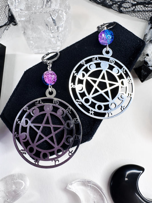 Pentagram Zodiac Wheel Hoop Earrings