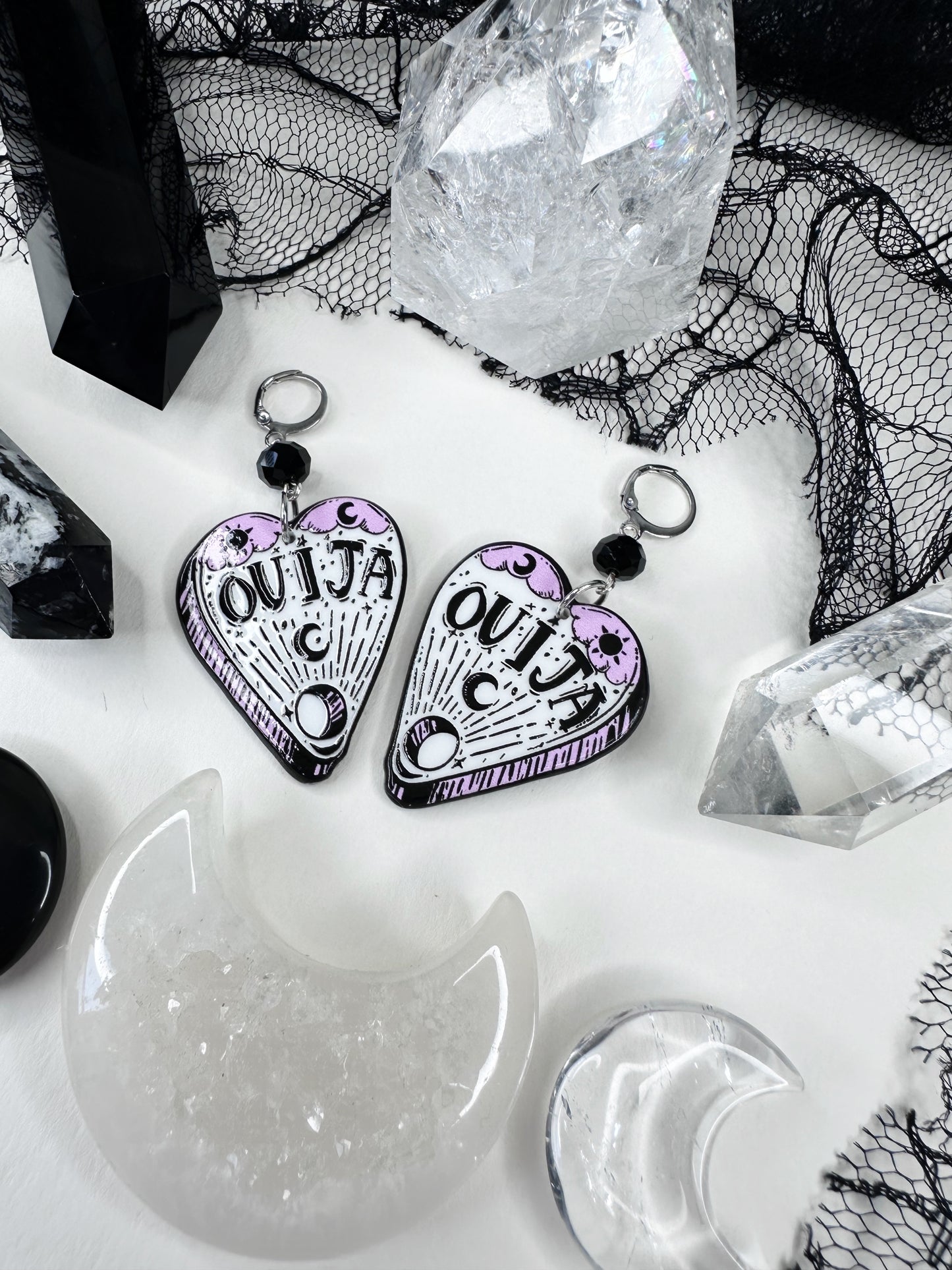 White Witch Ouija Planchette Hoop Earrings