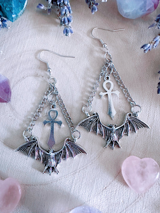 Eternal Flight Bat & Ankh Earrings