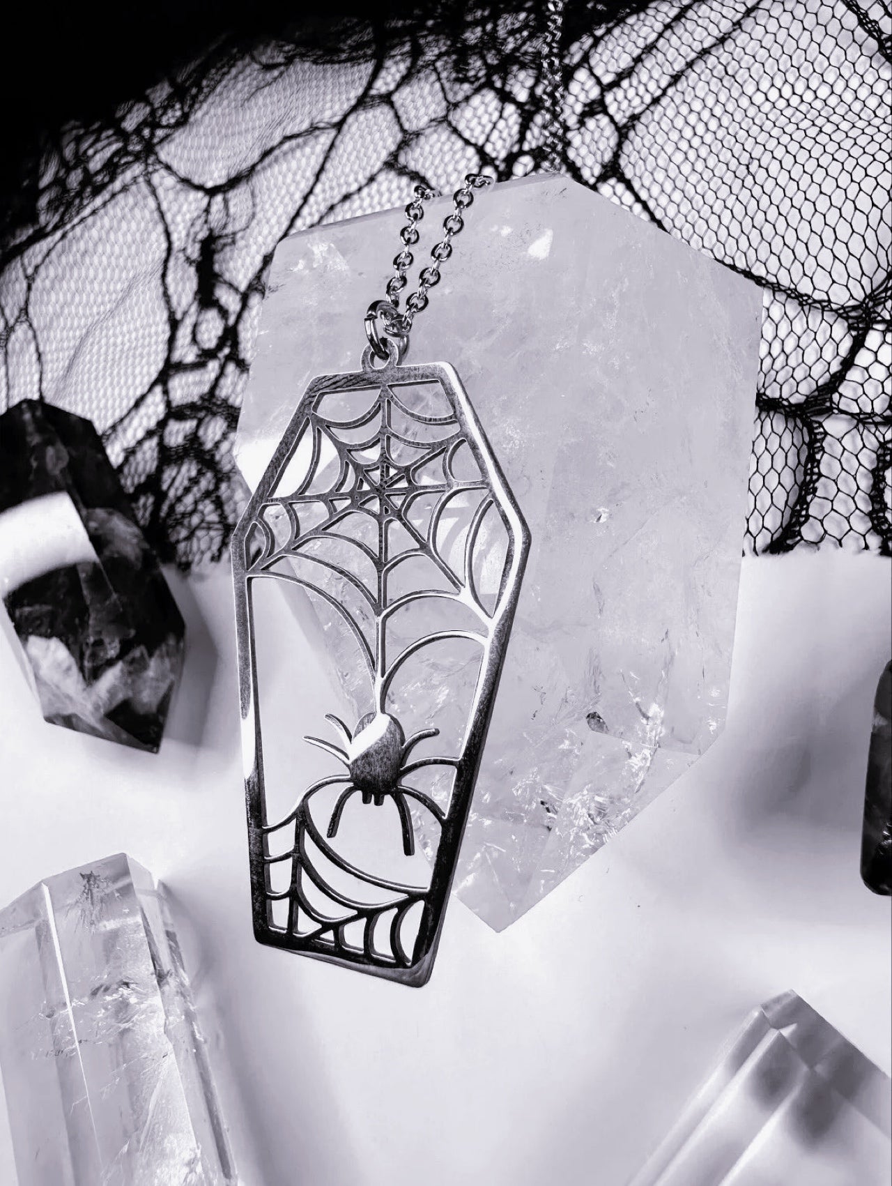 Stainless Steel Spider Web Coffin Necklace
